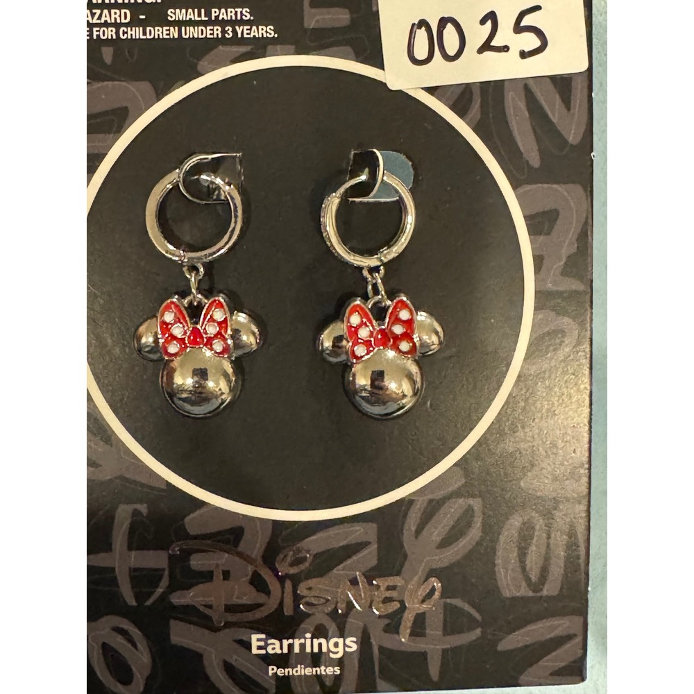 Disney Minnie Mouse Silver Tone Enamel Bow Rhinestone Hoop Drop Earrings MM4217